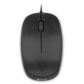 Ratón óptico con cable NGS Flame negro, 1000 DPI, vista frontal mostrando botones y diseño ergonómico.