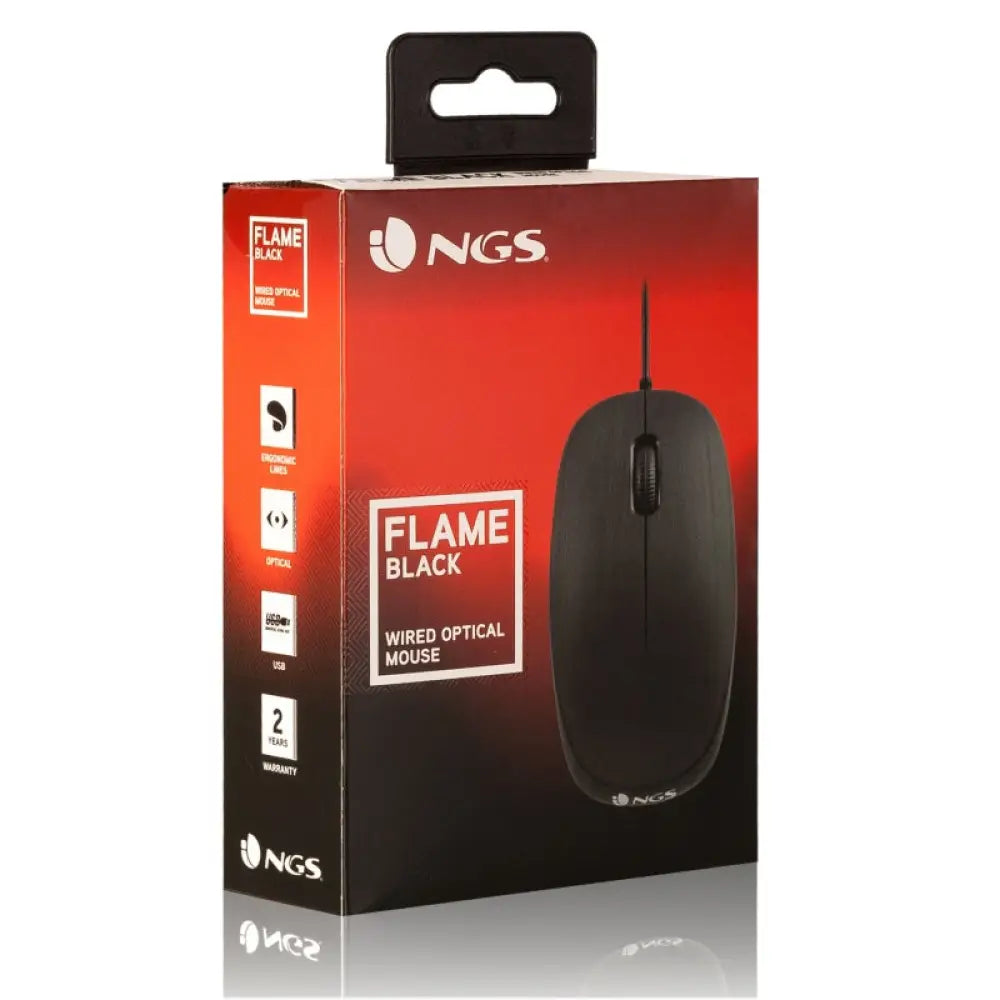Ratón óptico con cable NGS Flame negro, 1000 Dpi, vista desde el lado mostrando botones y cable conectado.