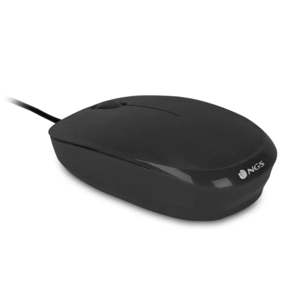 Ratón óptico con cable NGS Flame negro, 1000 DPI, vista lateral mostrando botones y cable conectado.