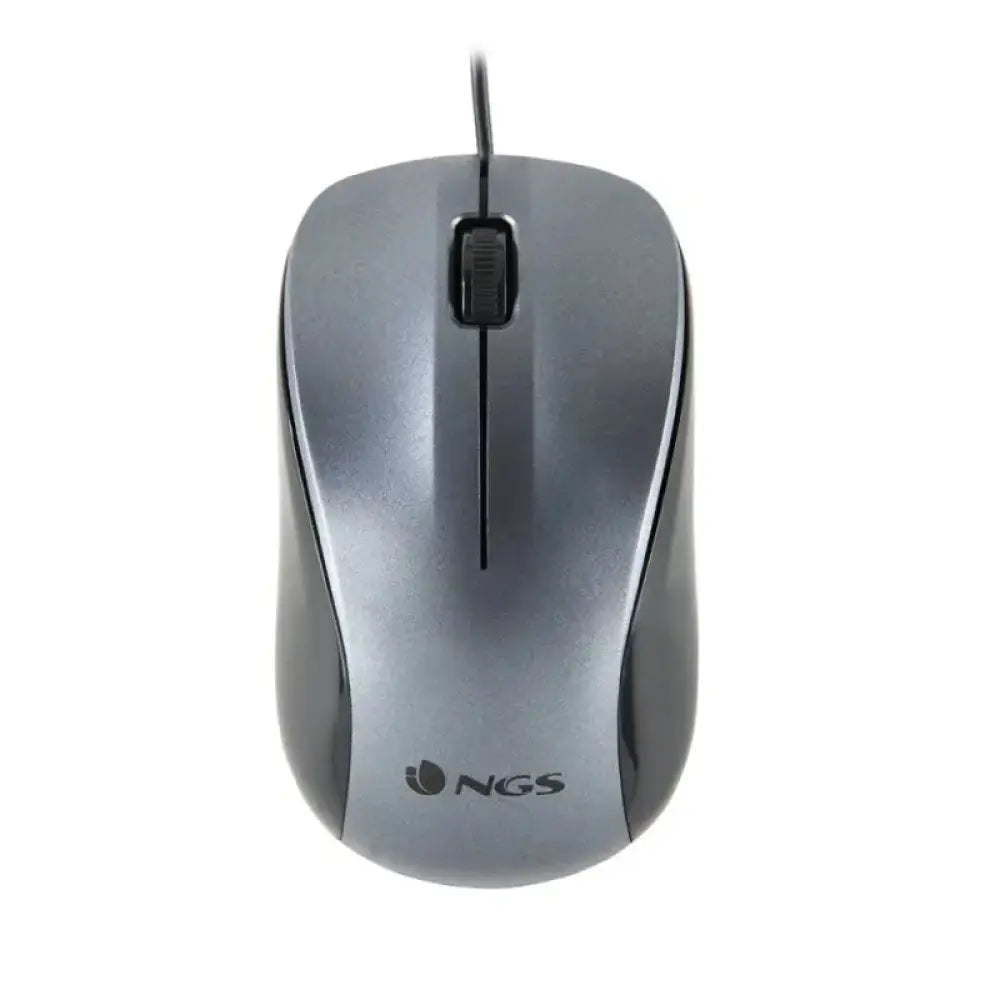 Ratón óptico con cable NGS en color gris, diseñado para uso en computadoras con detalles visibles del cable y botones