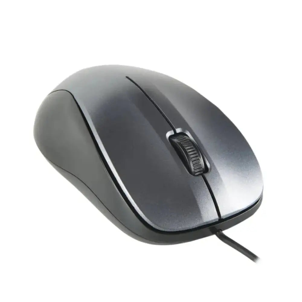 Ratón óptico con cable NGS en color gris, diseño ergonómico y botones laterales para uso en computadoras.