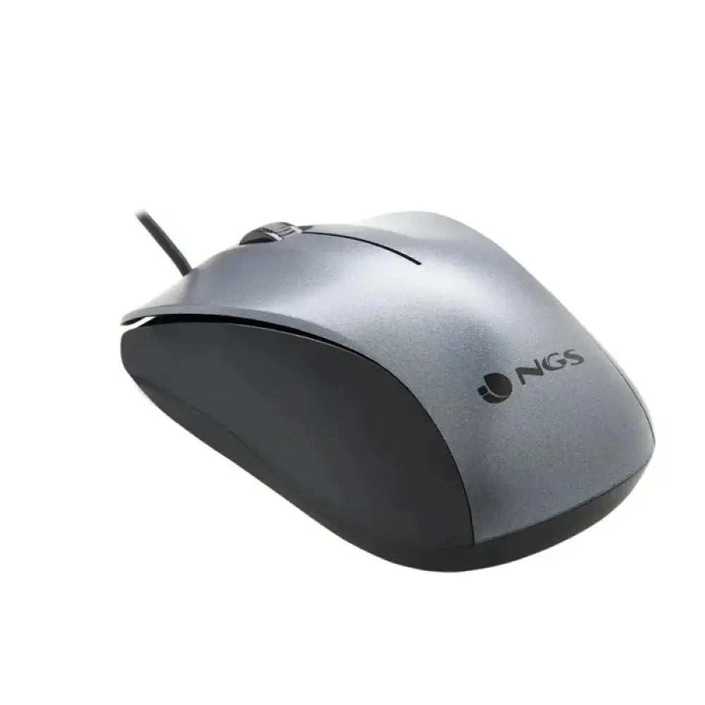 Ratón óptico con cable NGS gris, diseño ergonómico y botones laterales, ideal para uso en computadora.