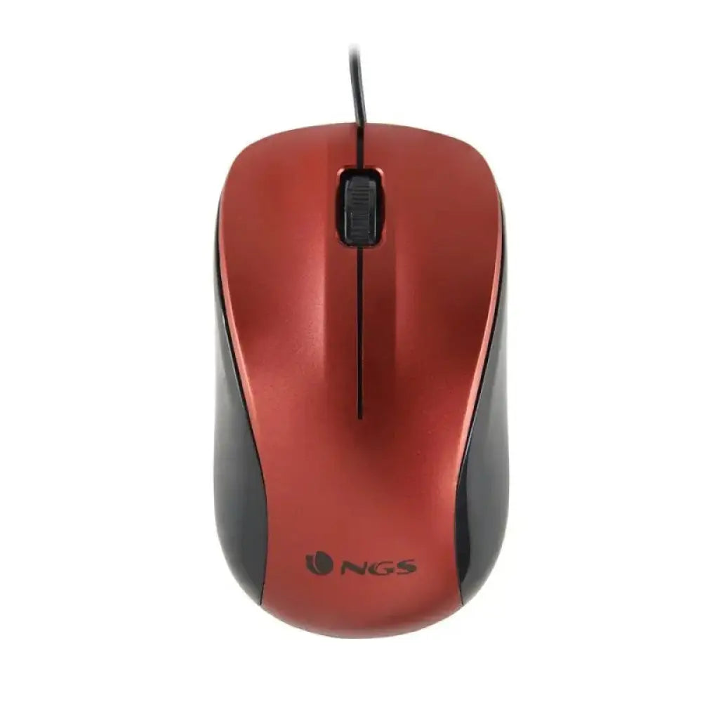 Ratón óptico con cable NGS en color rojo, diseño ergonómico para uso cómodo y preciso en tareas diarias.