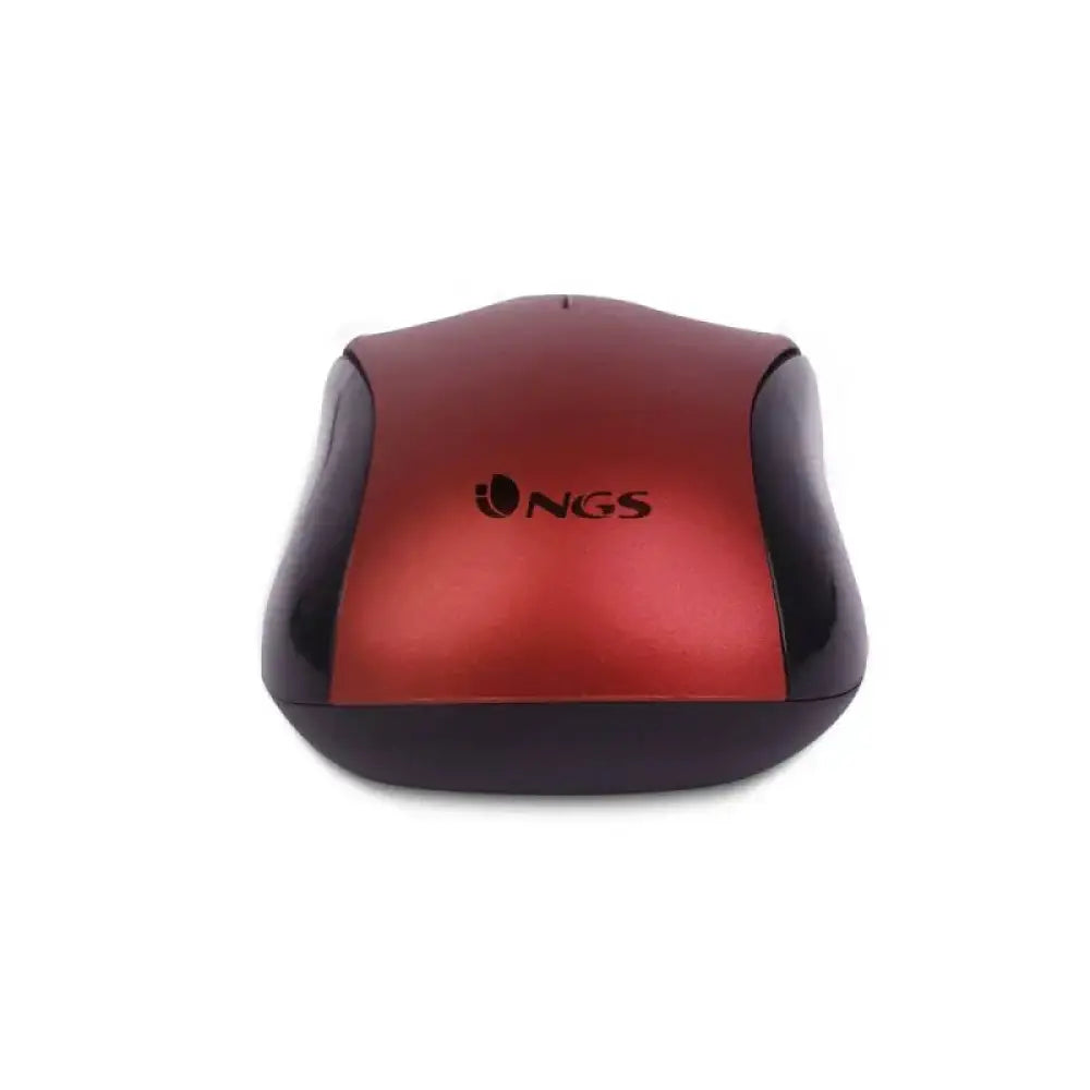 Ratón óptico con cable NGS de color rojo, diseñado para uso con computadora, con botones y rueda de desplazamiento.