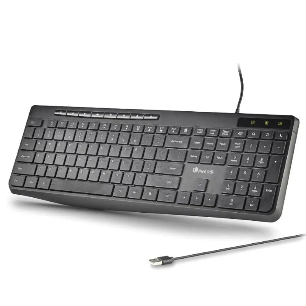 Teclado USB NGS Spectra ultra delgado y silencioso, con conexión USB-A, en color negro.