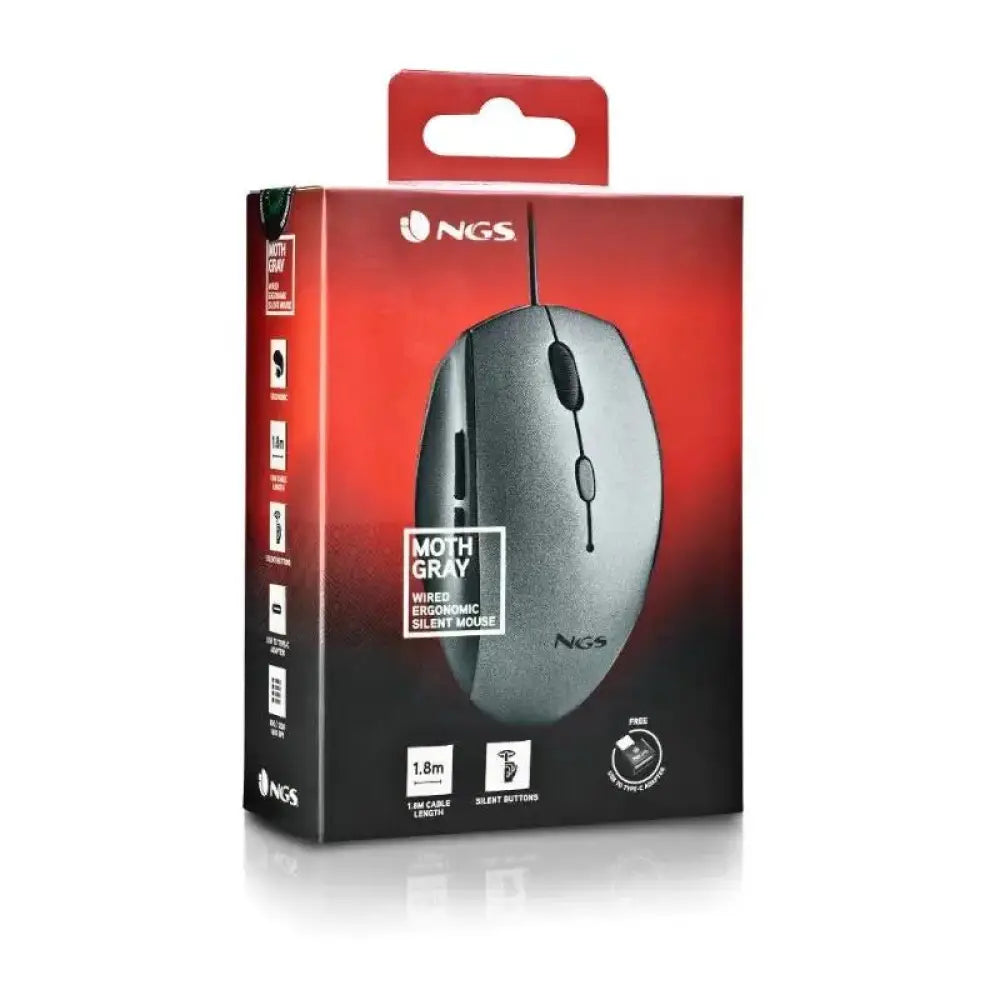 NGS WIRED ERGO SILENT MOUSE + USB TYPE C ADAP GRAY - detalle