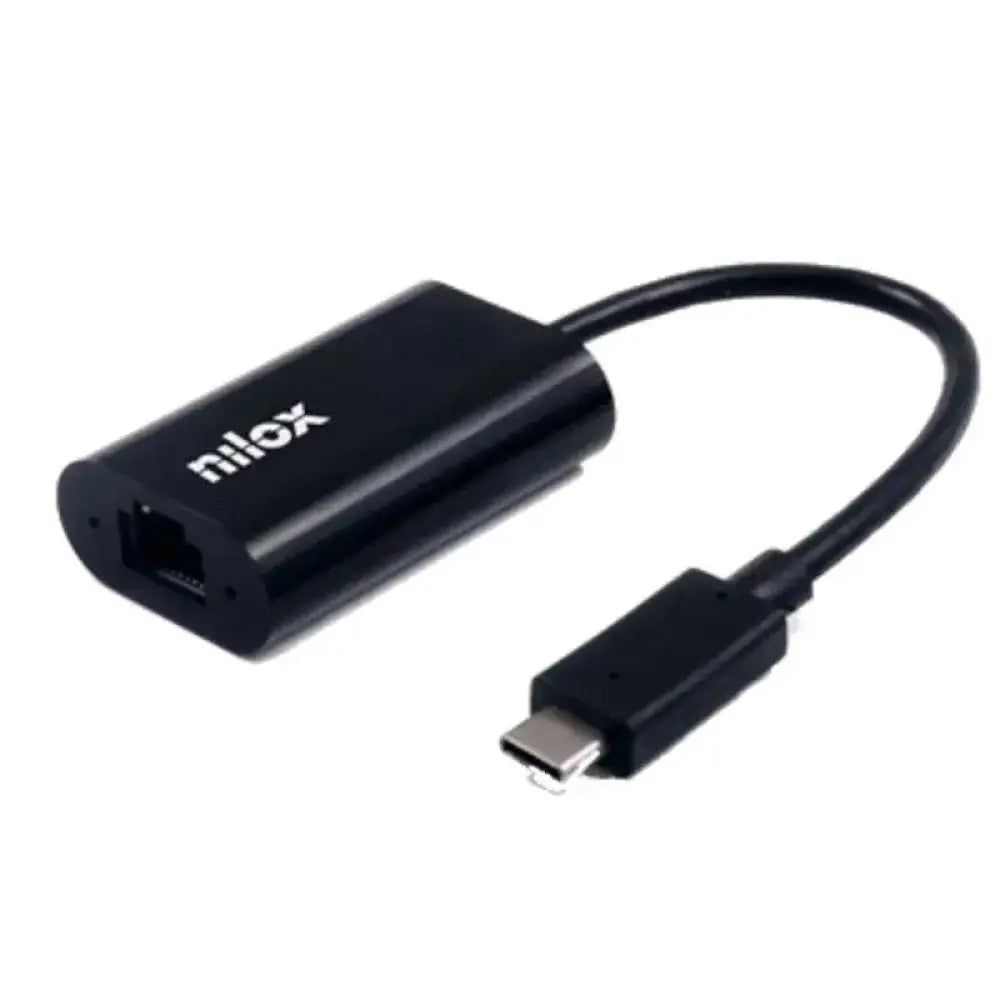 Adaptador USB-C a RJ45 Gigabit de NILOX para cables y accesorios PC, muestra el adaptador en color negro con puerto Ethernet.