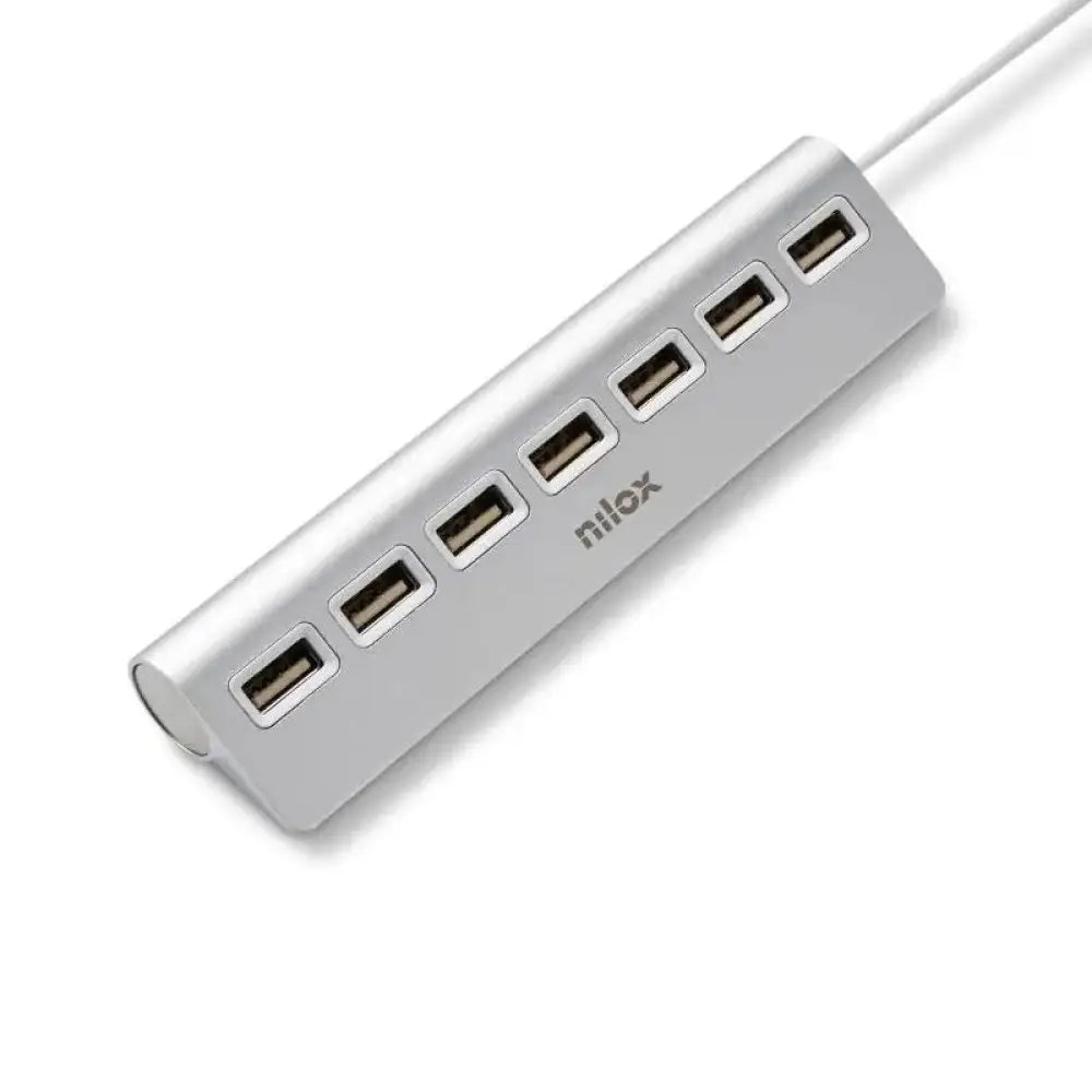 Hub USB NILOX con 7 puertos USB 2.0 en color negro para conectar múltiples dispositivos USB.