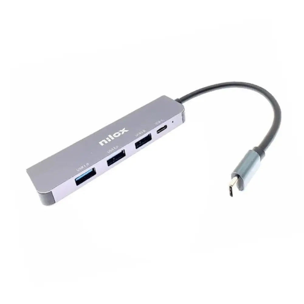 Dispositivo USB Nilox Hub con 3 puertos USB 3.0 y 1 puerto USB-C, compacto y funcional para conectar múltiples dispositivos.