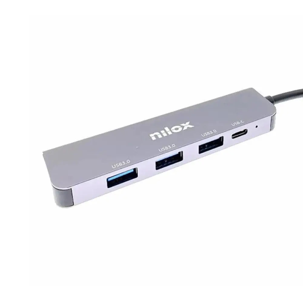 Hub USB Nilox con 3 puertos USB 3.0 y 1 puerto USB-C, dispositivo para conexión de múltiples dispositivos USB.