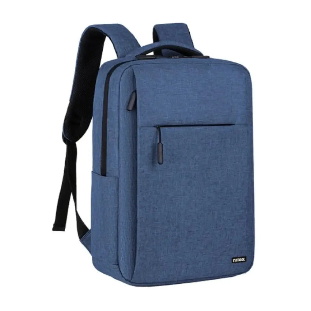 Mochila profesional azul Nilox para transporte de portátil de 15.6 pulgadas con compartimentos y asas cómodas.