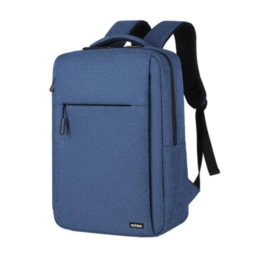 Mochila profesional Nilox azul para portátil de 15.6 pulgadas, con compartimentos y diseño resistente para transporte seguro.