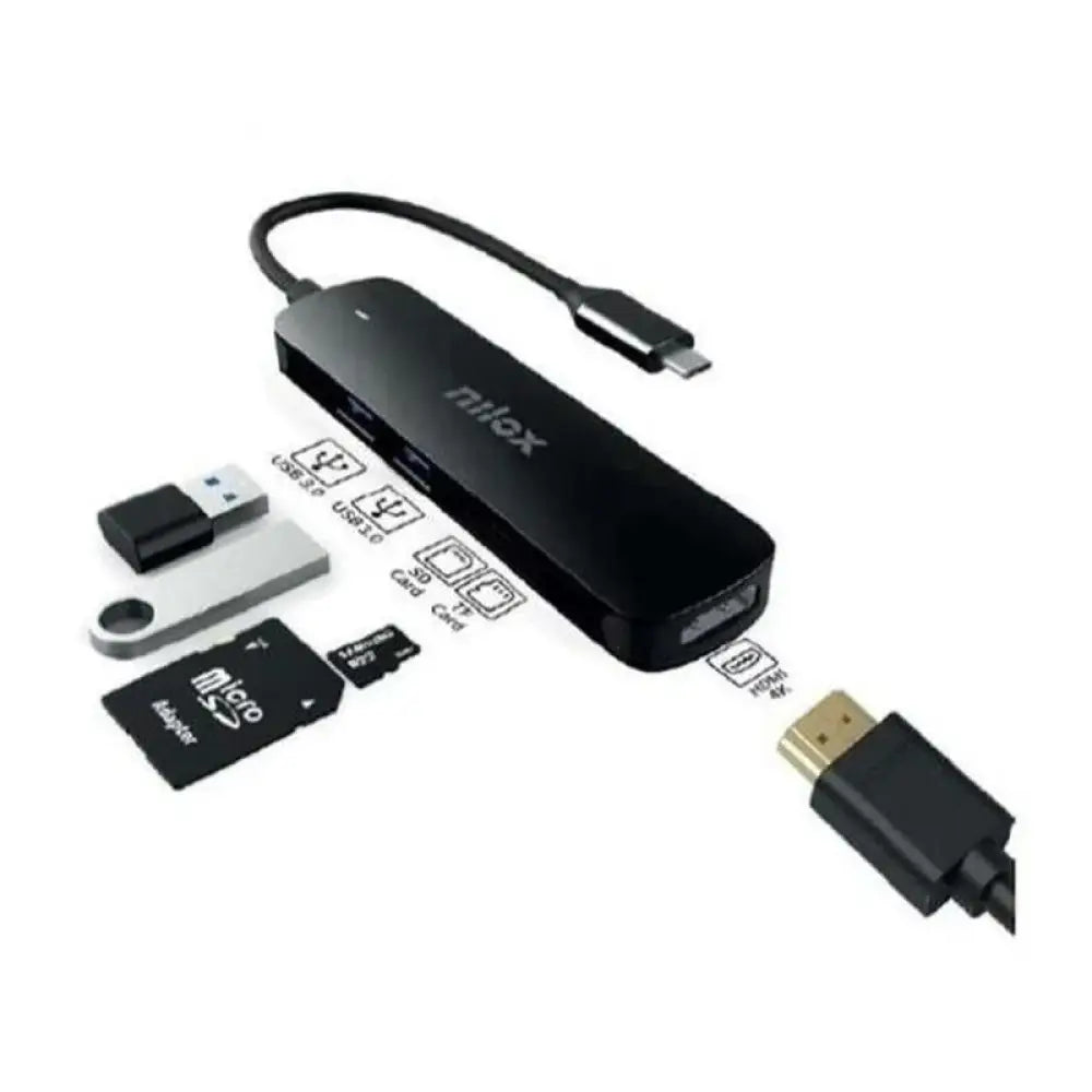 Adaptador USB-C 5 en 1 de NILOX, dispositivos USB con múltiples puertos para conectar y cargar.