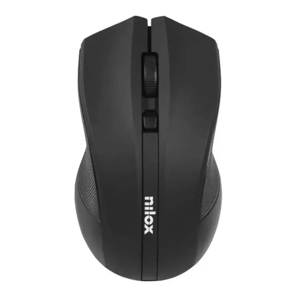 Ratón inalámbrico NILOX MOWI1001 en color negro con sensibilidad de 1600 DPI, vista lateral con botones y cable USB.