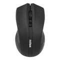 Ratón inalámbrico NILOX MOWI1001 negro con sensibilidad de 1600 DPI, vista lateral sobre superficie blanca.