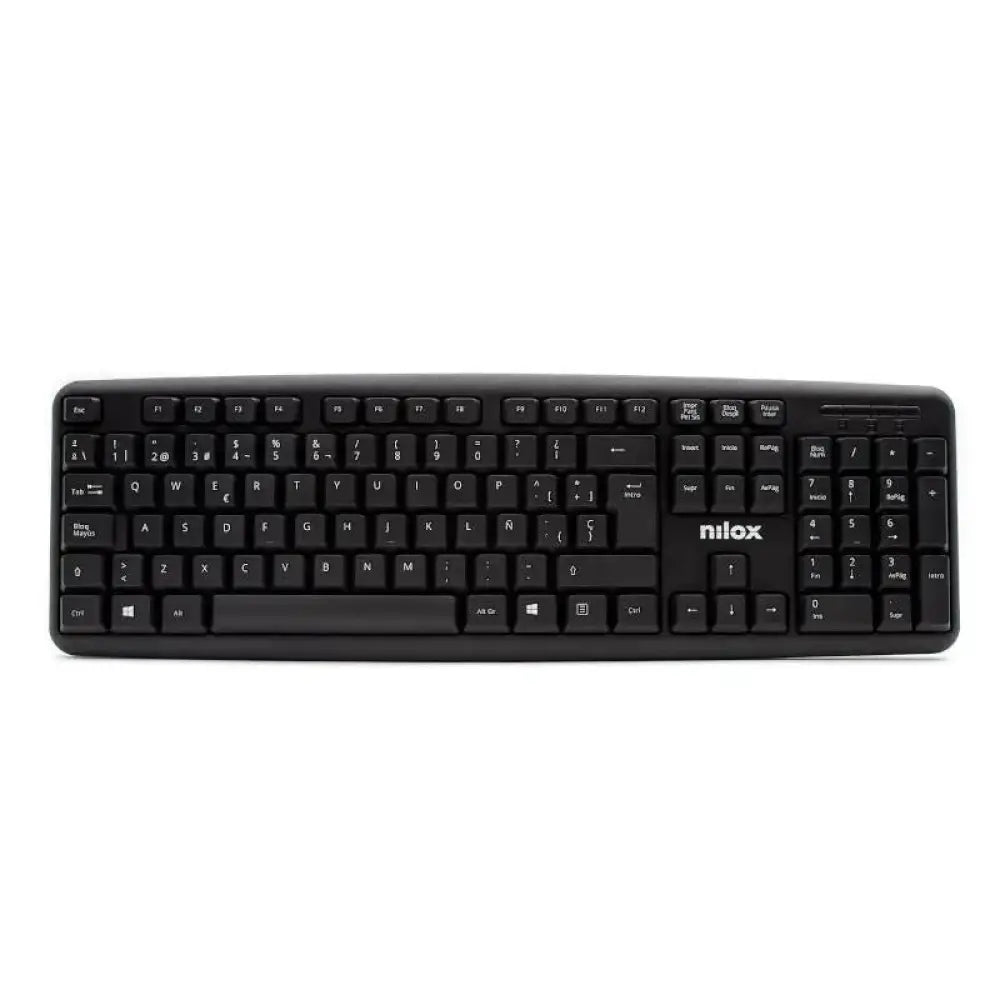 Teclado compacto USB negro de la marca NILOX, con diseño sencillo y teclas en disposición estándar.
