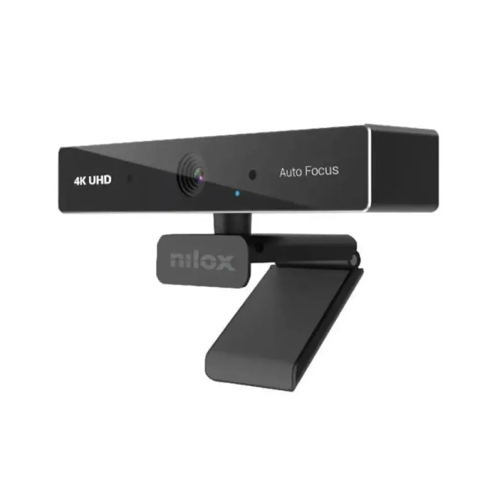 Cámara web NILOX Webcam 4K automática, vista frontal mostrando lente y diseño compacto para videoconferencias y streaming