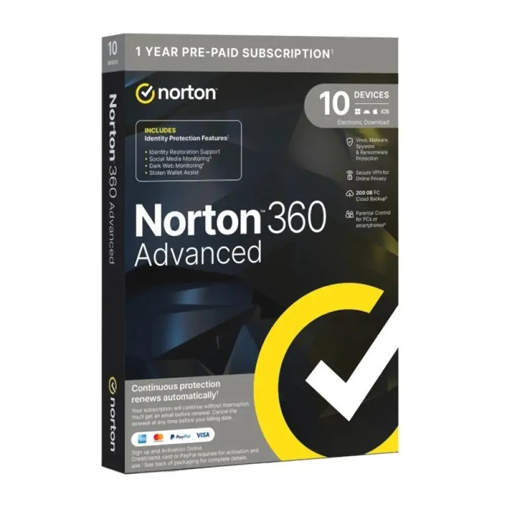 Antivirus Norton 360 Advance para hogar, protección para 10 dispositivos, con 200GB de almacenamiento en la nube.