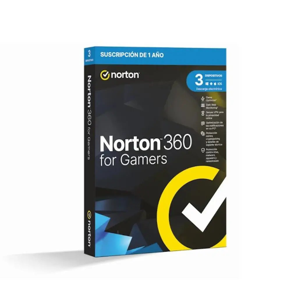 Antivirus Norton 360 Gamers para hogar, protección en 3 dispositivos con 50GB de almacenamiento para juegos y datos.