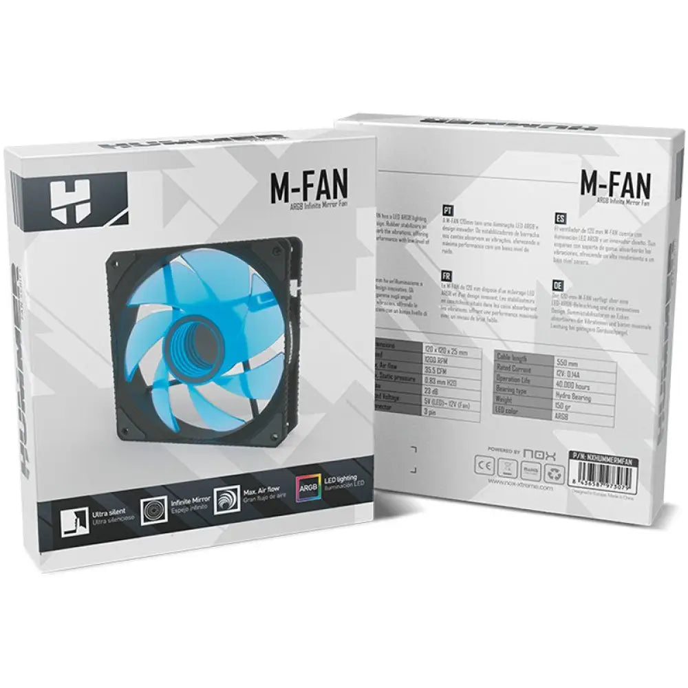 Ventilador de refrigeración NOX HUMMER ARGB de 120mm con efecto espejo infinito, iluminado y compatible con sistemas de PC.