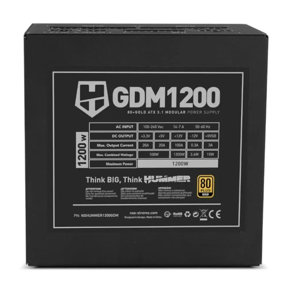 Fuente de alimentación modular NOX HUMMER GDM1200W ATX 3.1 80+ Gold, diseñada para PCs de alto rendimiento.