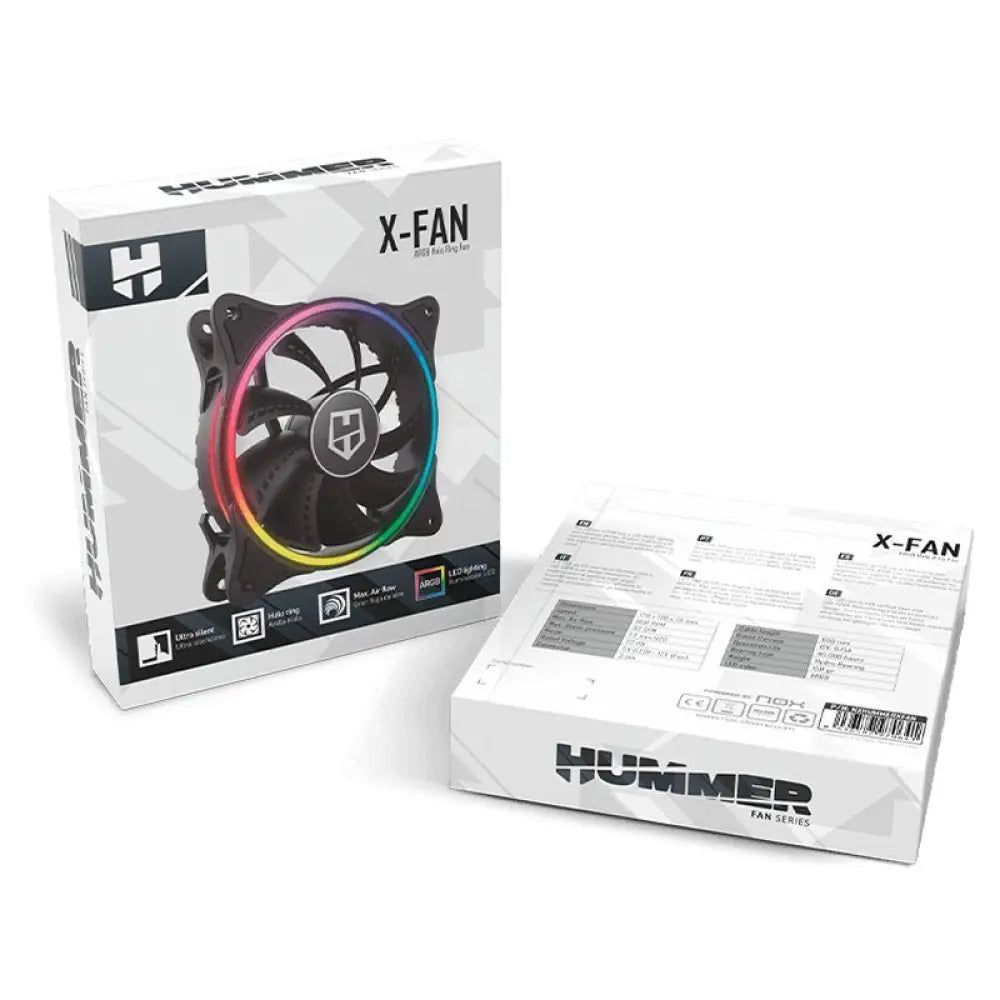 Ventilador de refrigeración gaming NOX X-FAN LED ARGB con luces RGB y diseño moderno para mejor enfriamiento de componentes.