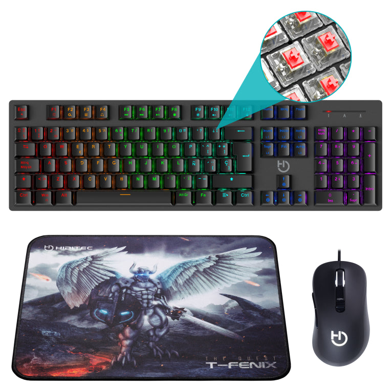 Teclado mecánico Hiditec GK400 + rato para xogos Blitz + alfombrilla de rato T-Fenix
