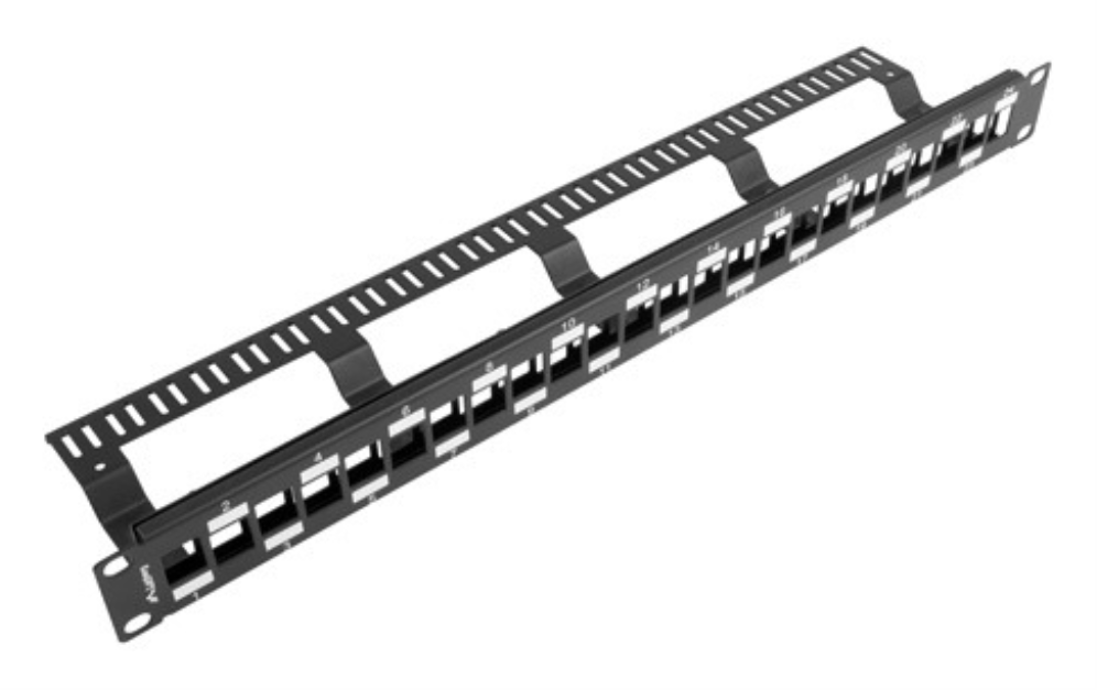 PATCH PANEL LANBERG 24PUERTOS 1U RACK 19 ESCALONADO ORGANIZADOR MOD KEYSTONE BK - detalle
