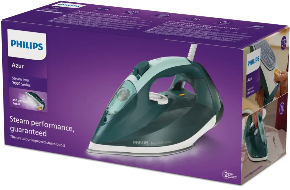 Plancha de vapor Philips 7000 series DST7031/70 en verde ópalo con base antiadherente, visible en la imagen.
