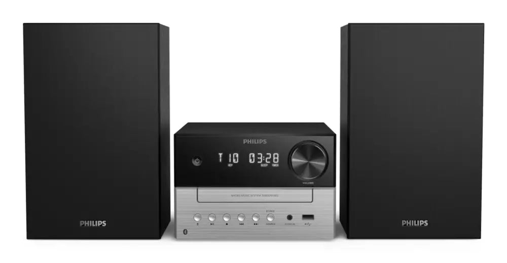 Sistema de audio Philips TAM3205M2/77, microcadena de música negra y plata, 20W, con conectividad Bluetooth y entrada USB.