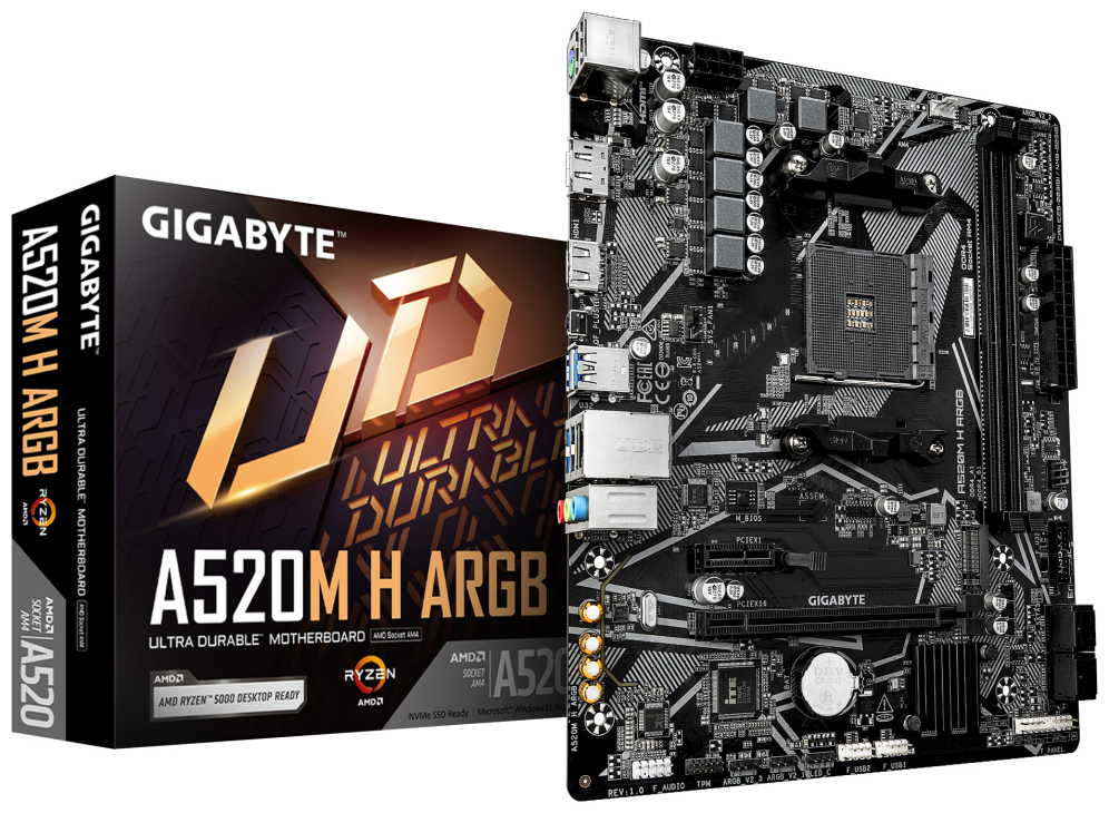 GIGABYTE A520M H ARGB Placa Base – Compatible con CPUs AMD Ryzen Serie 5000. hasta 5100 MHz DDR4 (OC). M.2 PCIe 3.0 x4. 