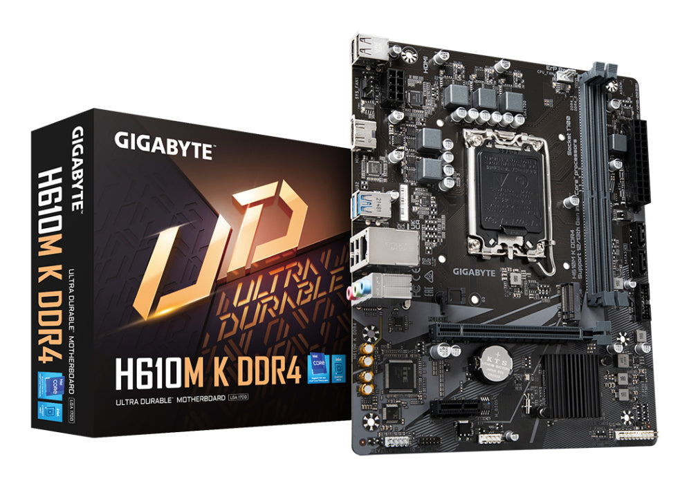 GIGABYTE H610M K DDR4 Placa base - Compatible amb processadors Intel Core 14th Gen CPUs. 3+1+1 Phases Hybrid Power Design. up to 3200MHz DDR4. 1xPCIe 3.0 M.2. GbE LAN. USB 3.2 Gen 1