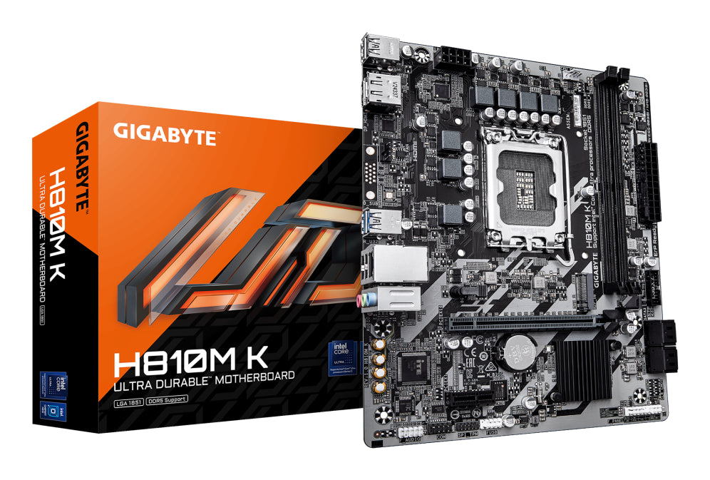 Placa base GIGABYTE H810M K - Procesadores Intel Core Ultra (serie 2). VRM de fase 3+1+2. DDR5 de ata 6400 MHz. 1 x M.2 PCIe 4.0. LAN de 1 GbE. USB 3.2 Gen 1.