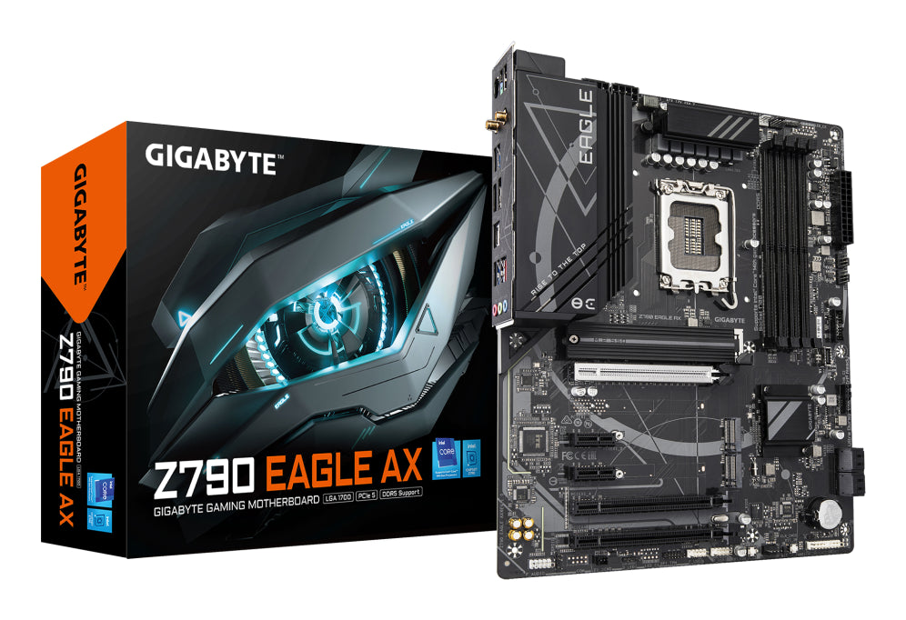 GIGABYTE Z790 EAGLE AX Placa base - Soporta CPUs Intel Core de 14ª generación. VRM digital de 12+1+1 fases. hasta 7600MHz DDR5 (OC). 3xPCIe 4.0 M.2. Wi-Fi 6E. LAN de 2.5GbE. USB 3.2 Gen 2