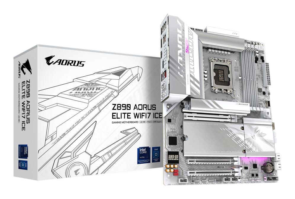 Placa base GIGABYTE Z890 AORUS ELITE WIFI7 ICE: compatible con CPU Intel Core Ultra (serie 2). VRM de 16+1+2 fases. DDR5 (OC) de ata 8800 MHz. 1 PCIe 5.0 + 3 PCIe 4.0. Wi-Fi 7. LAN de 2,5 GbE. Thunderbolt 4.
