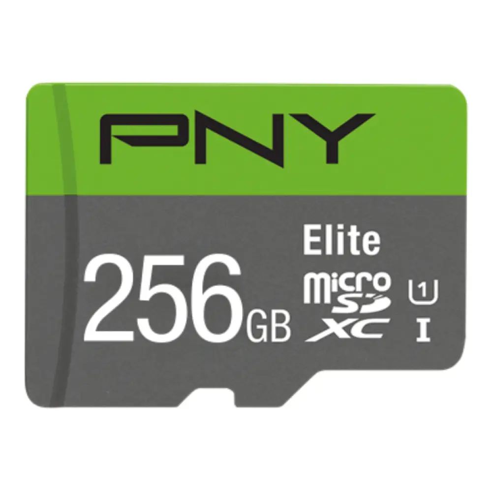 Tarjeta de memoria microSDXC PNY Elite de 256 GB, UHS-I, Clase 10, para almacenamiento rápido y confiable en dispositivos electrónicos.