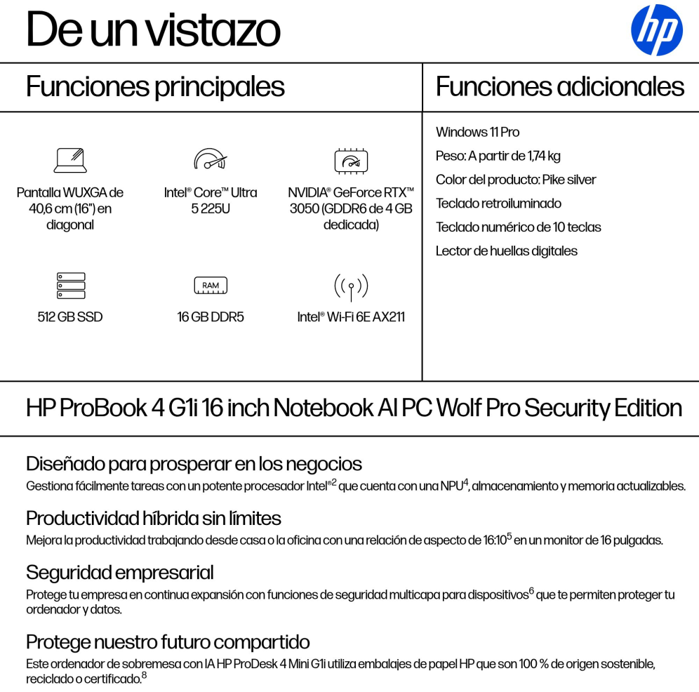 PORTATIL HP PROBOOK 4 G1i U5-225U 16GB 512GB 16" W11P - detalle