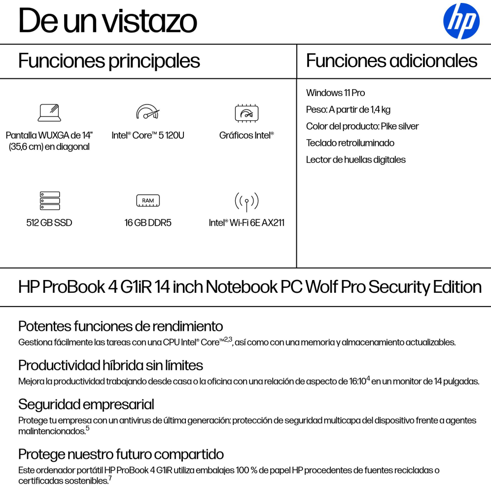 PORTATIL HP PROBOOK 4 G1IR CORE 5 120U 16GB 512GB 14" W11P - detalle