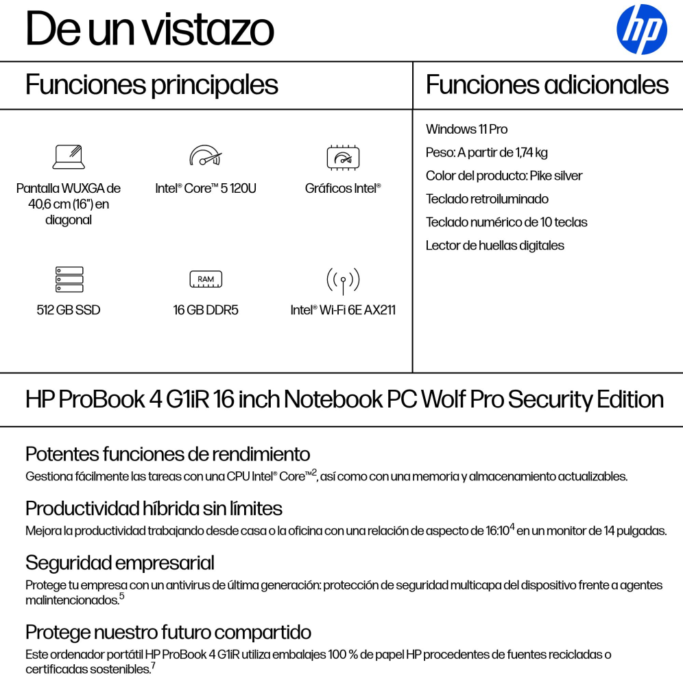 PORTATIL HP PROBOOK 4 G1IR CORE 5 120U 16GB 512GB 16" W11P - detalle