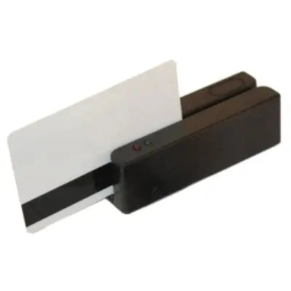 Lector de tarjetas magnéticas Posiberica con banda de 3 pistas y conexión USB, muestra el dispositivo en un entorno de oficina