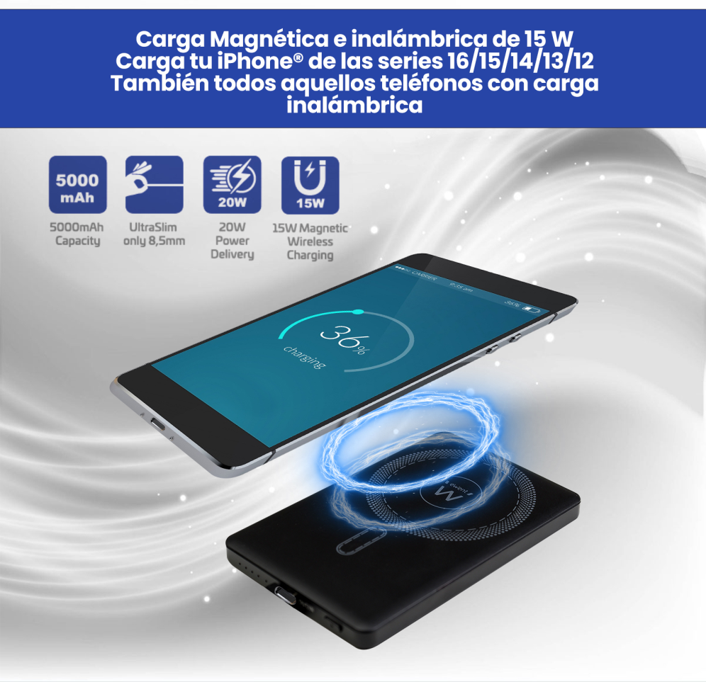 POWER BANK EWENT ULTRASLIM MAGSAFE 5000 MAH PD 20W 1XUSB-C - detalle