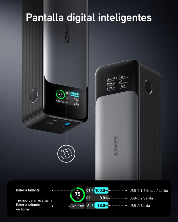 POWERBANK ANKER 737 GEN2 DISPLAY 24K 140W NEGRO - detalle