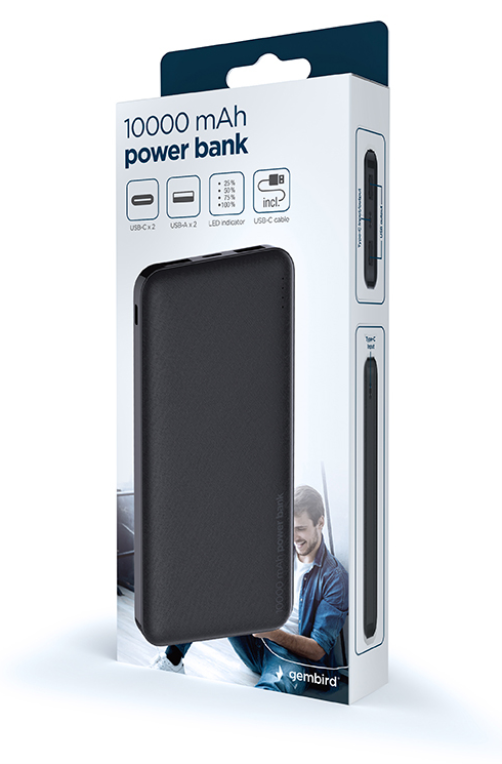 POWERBANK GEMBIRD 10000mAh 1x microUSB A 2x USB-A NEGRO - detalle