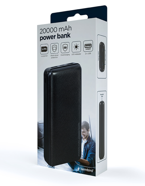 POWERBANK GEMBIRD 20000mAh 1x microUSB A 2x USB-A NEGRO - detalle
