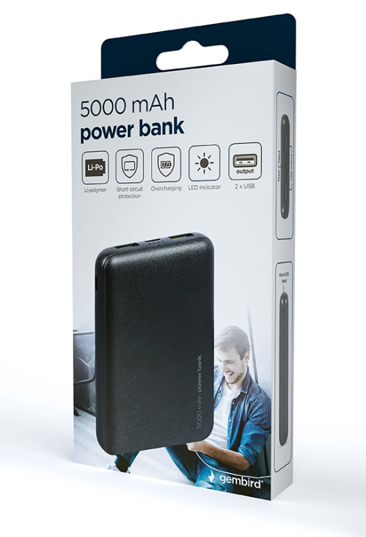 POWERBANK GEMBIRD 5000mAh 1x microUSB A 2x USB-A NEGRO - detalle