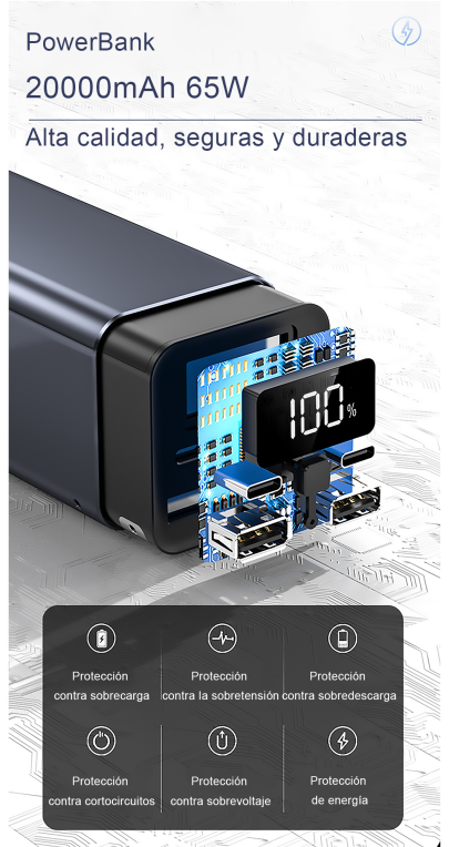 POWERBANK LEOTEC 20000mAh PD 65W CARGA RAPIDA - detalle