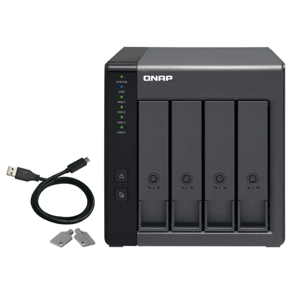 Unidad de expansión de almacenamiento QNAP TR-004 con 4 bahías para HDD y puerto USB-C 3.2, diseñada para almacenamiento sobremesa.