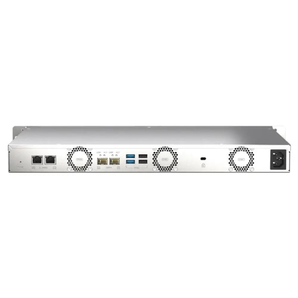Almacenamiento sobremesa QNAP TS-435XeU-4G NAS con 4 bahías para HDD, puertos 10GbE y 2.5GbE, en formato 1U.
