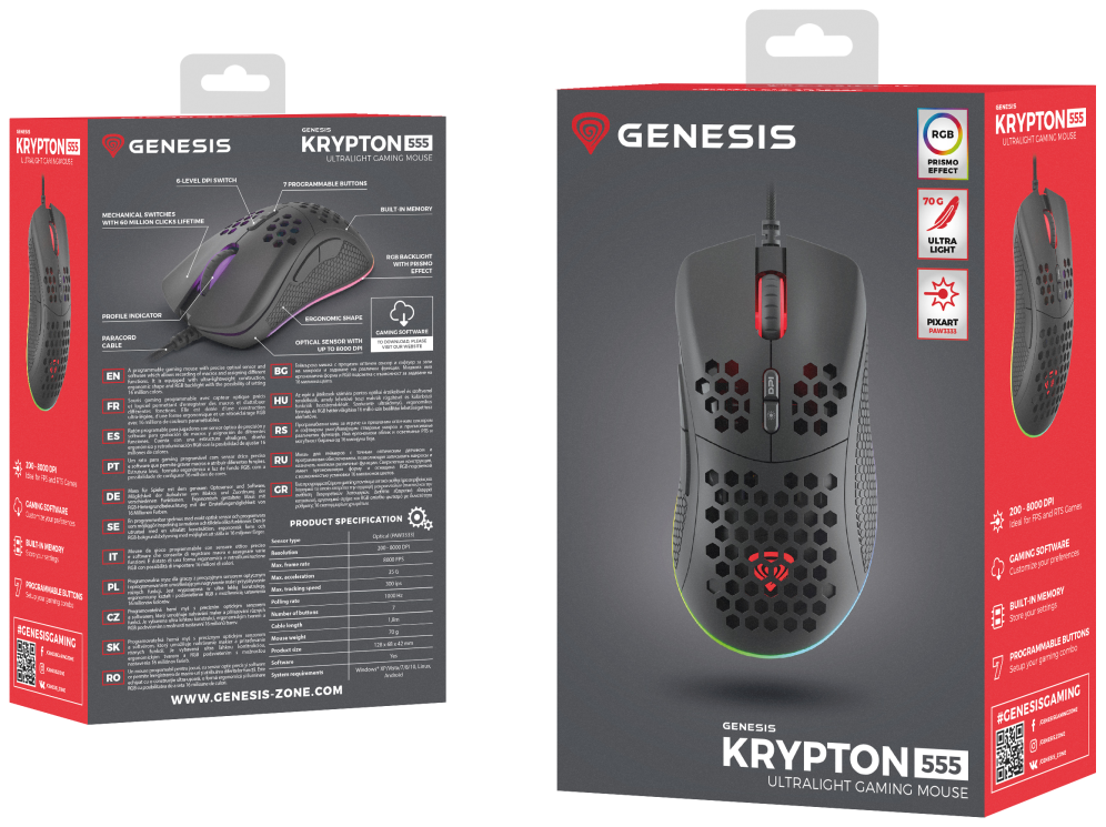 RATON GAMING GENESIS KRYPTON 555 RGB SENSOR PMW3333 8000 DPI - detalle