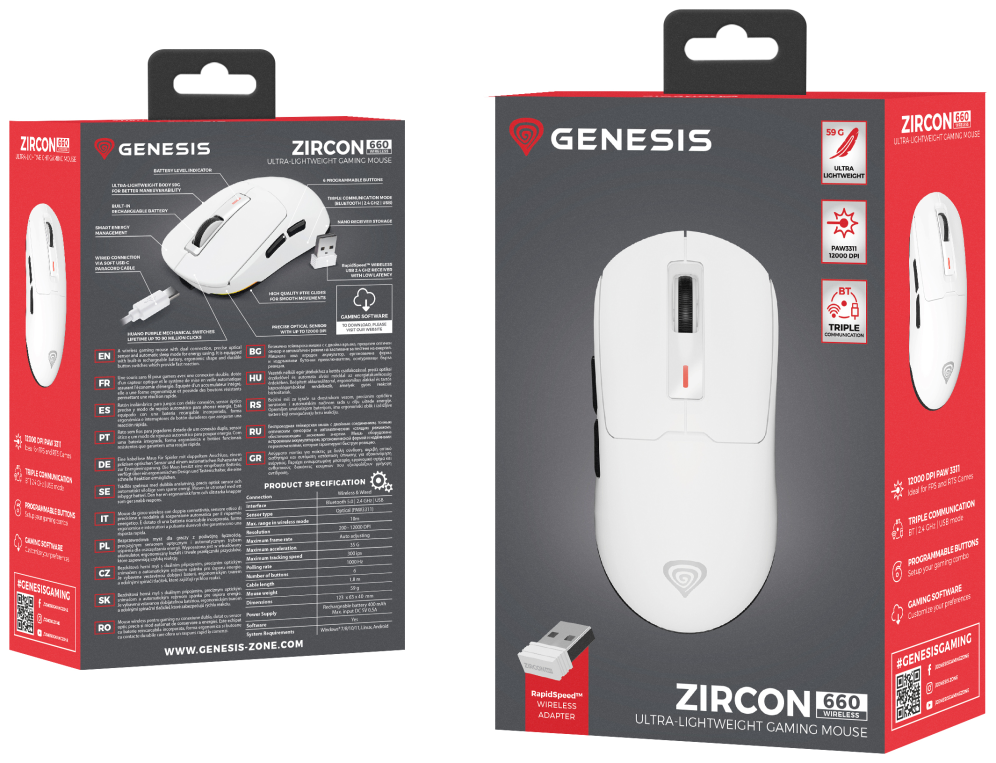 RATON GAMING GENESIS ZIRCON 660 WIRELESS/CABLE/BT 12000 DPI BLANCO ULTRALIVIANO - detalle